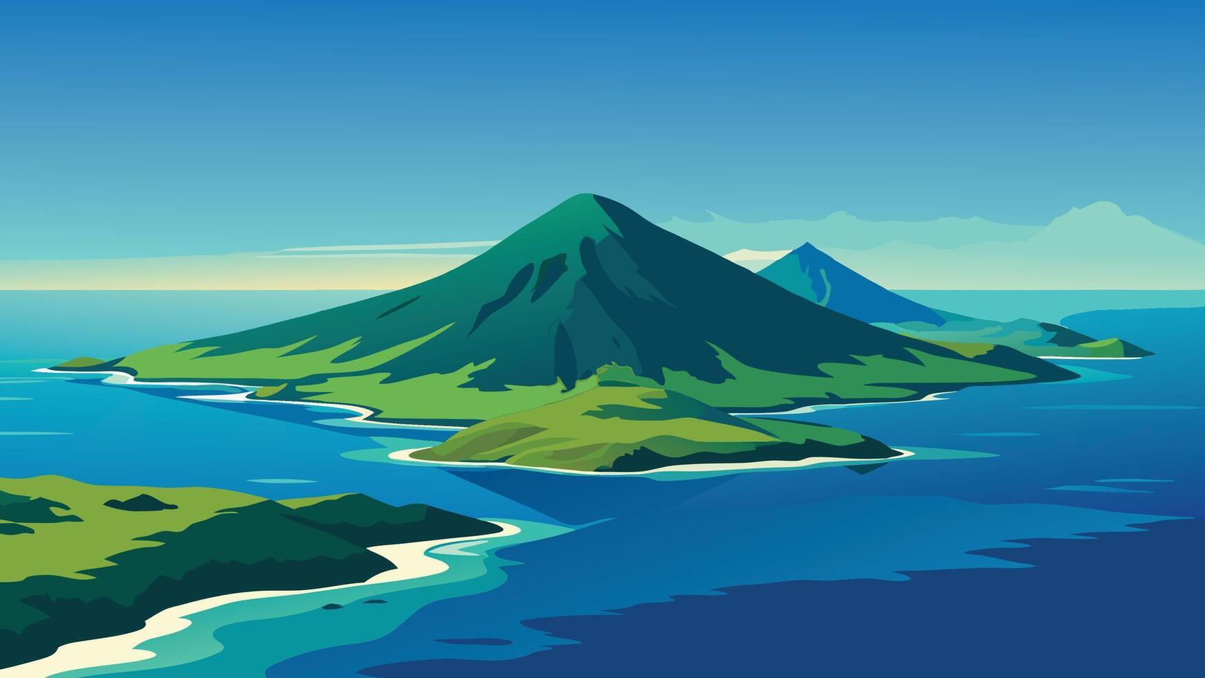 Aerial view of the Azores archipelago, showcasing its lush green islands surrounded by the vast blue ocean flat illustration vector
