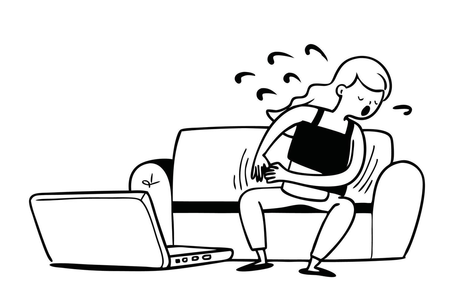 Woman suffering from back pain while working on laptop at home on sofa hand drawn doodle line art illustration vector