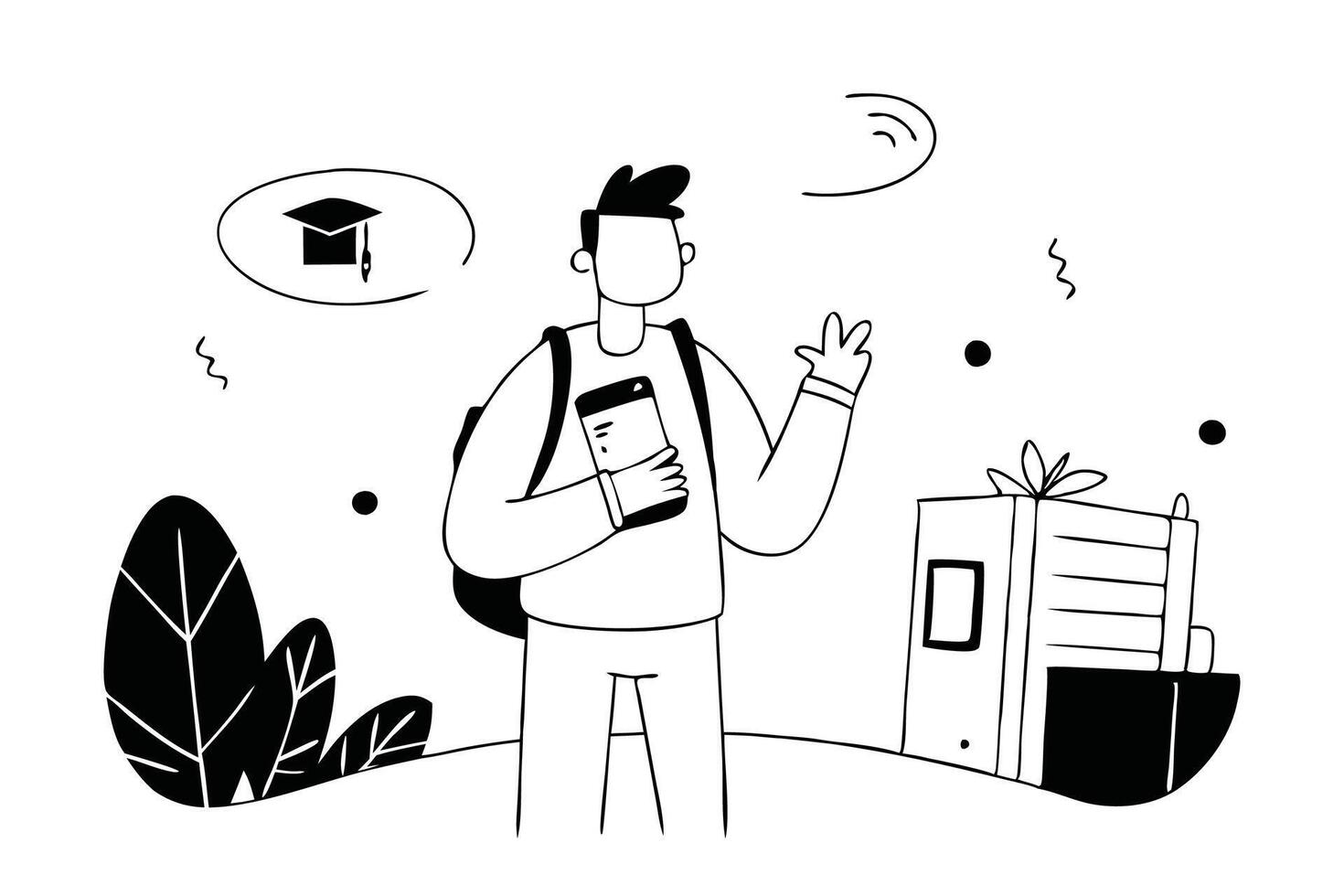 Hand drawn Male student standing outside campus, holding books, backpack and using phone. Looks to the side flat illustration. vector