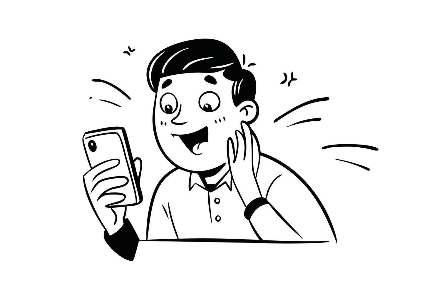 Hand drawn Close up photo of a happy young man at home using a mobile phone, looking at the mobile screen in surprise doodle flat illustration vector