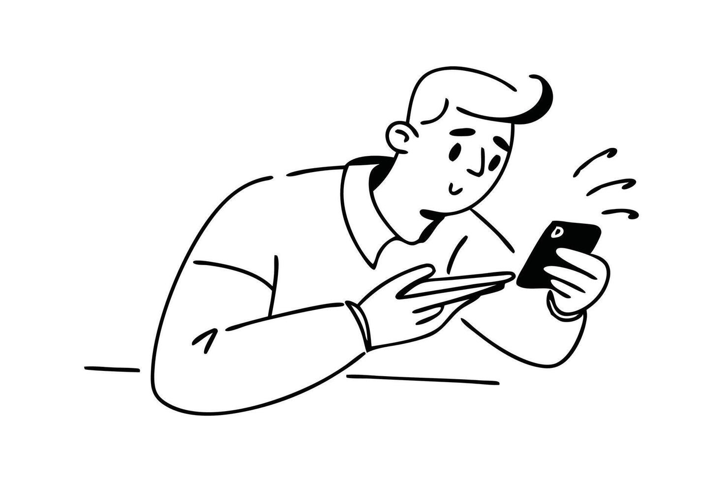 Man focusing on the mobile screen doodle line art flat black illustration. vector
