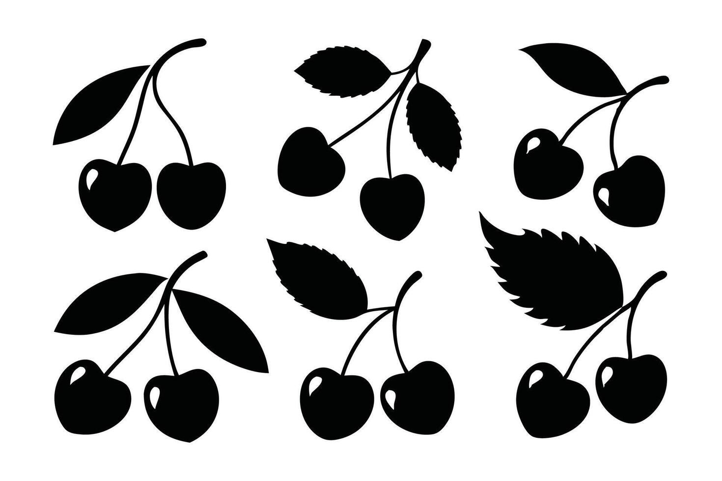 Sweet cherry with leaves silhouette set flat illustration on white background. vector