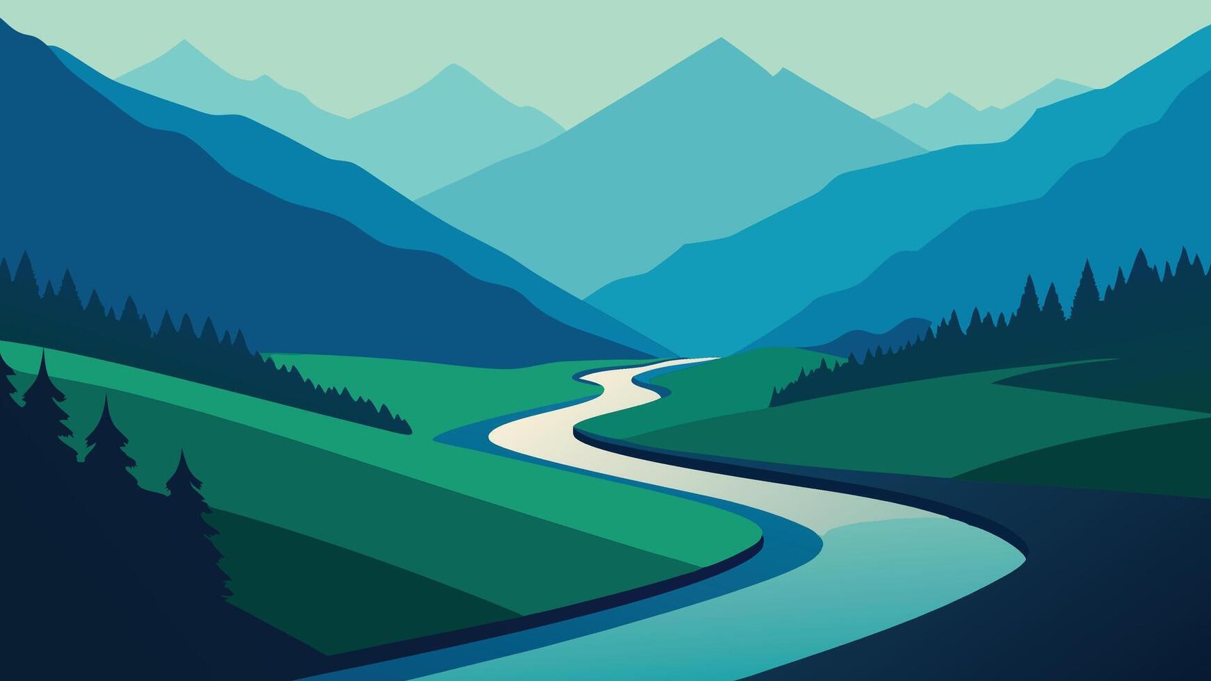 River meanders through a lush green valley, framed by majestic mountains in the background. vector