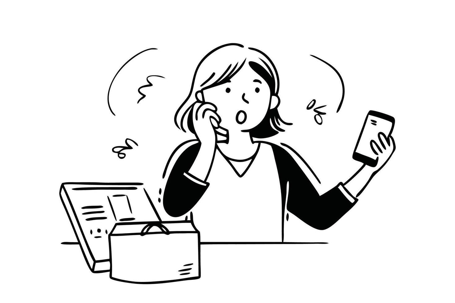 Hand drawn Woman on phone receiving wrong product delivery at home, feeling confused, doodle line art flat illustraiton vector
