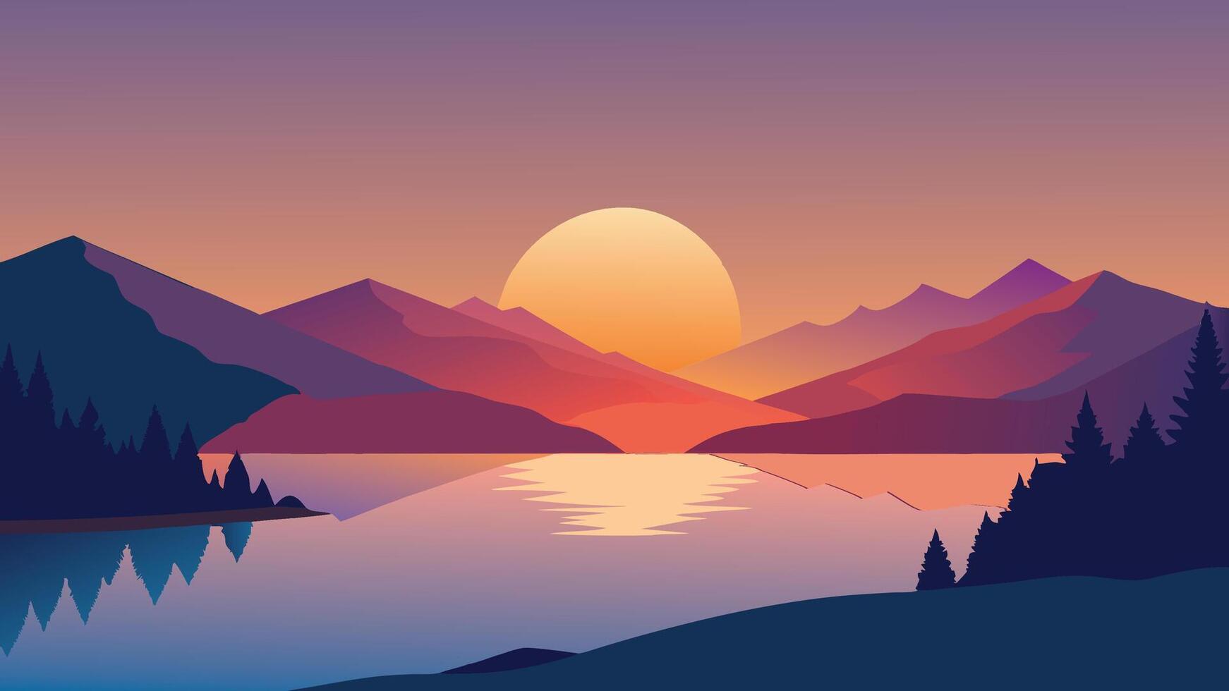 Captivating sunrise on Bovilla Lake, near Tirana city located. Majestic spring landscape flat illustration. vector