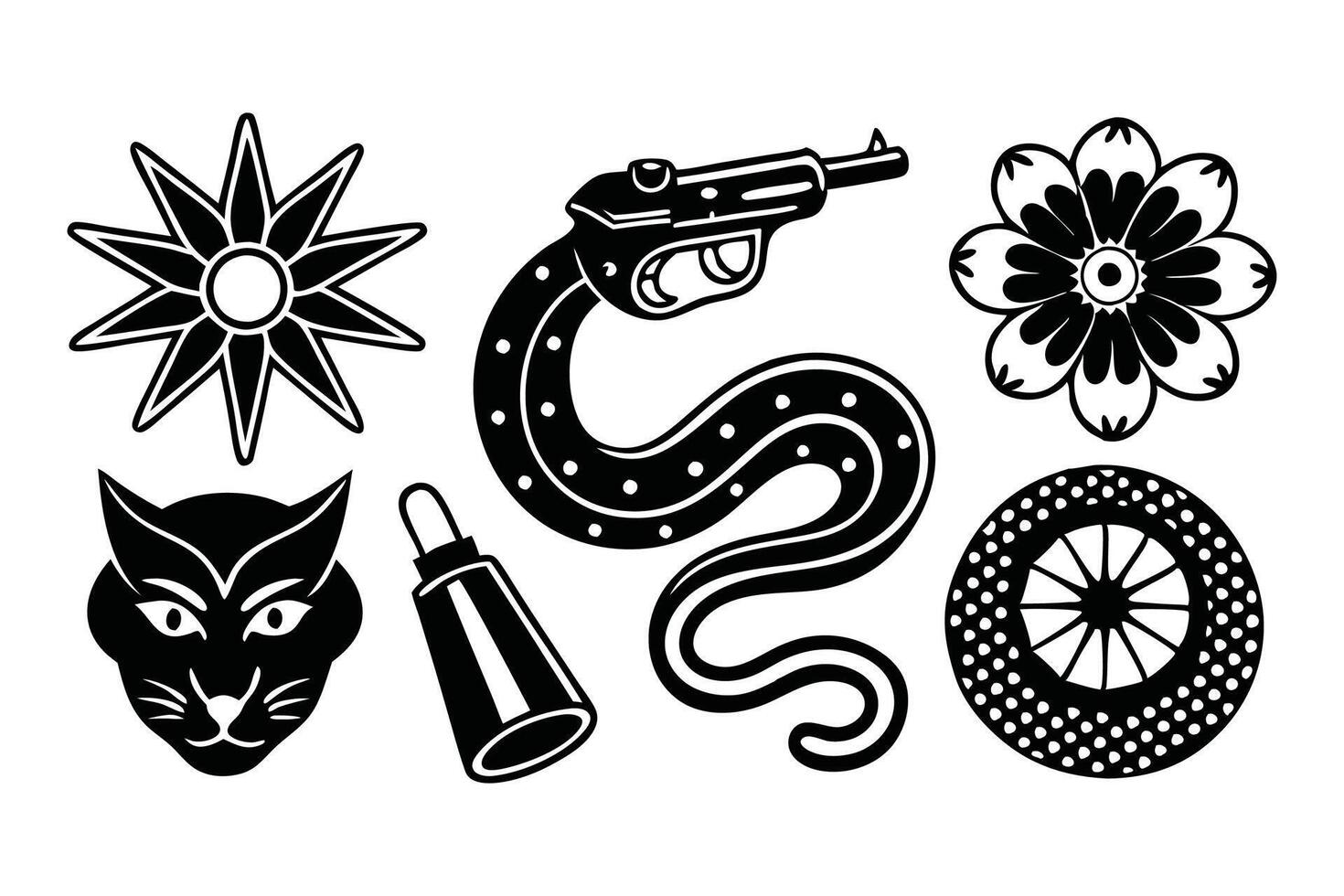 Dangerous retro diverse tattoo designs displayed, showcasing intricate patterns and artistic styles Linocut flat illustration on white background vector