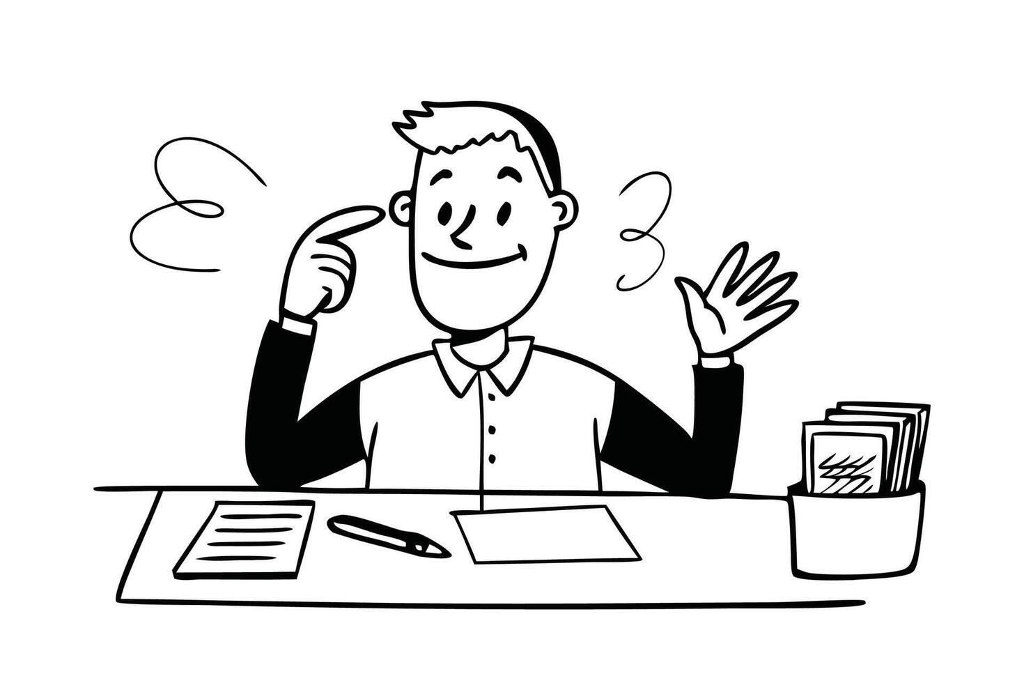 Happy professional man with beard at modern office desk smiling and thinking, hand drawn doodle line art flat illustration vector