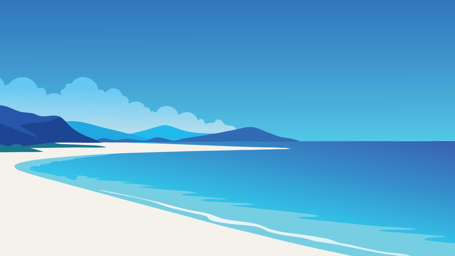 Beach with crystal-clear blue waters, inviting relaxation and tranquility under a clear sky flat illustration. vector