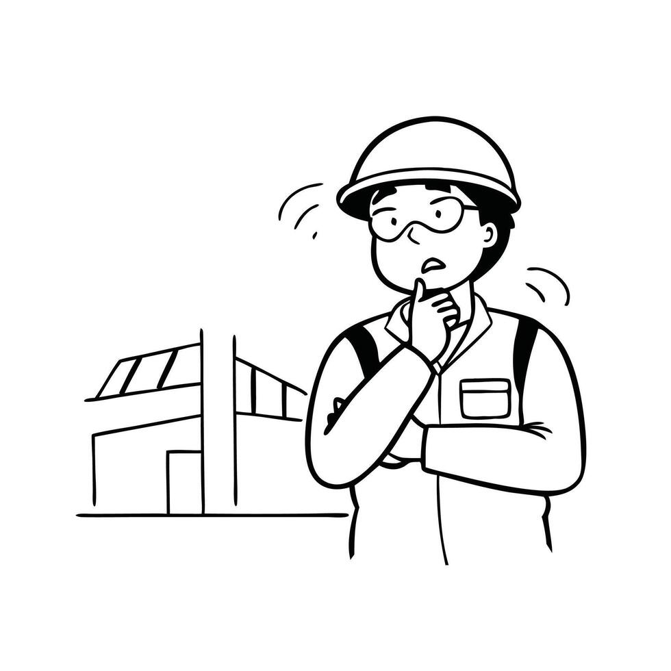 Hand drawn style Man wearing a hard hat and glasses, showcasing a professional construction worker's appearance doodle line art flat illustration vector