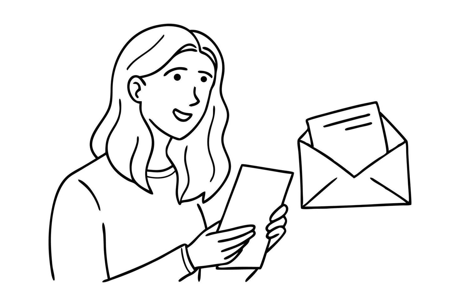 Woman reading received letter and message line art flat illustration vector