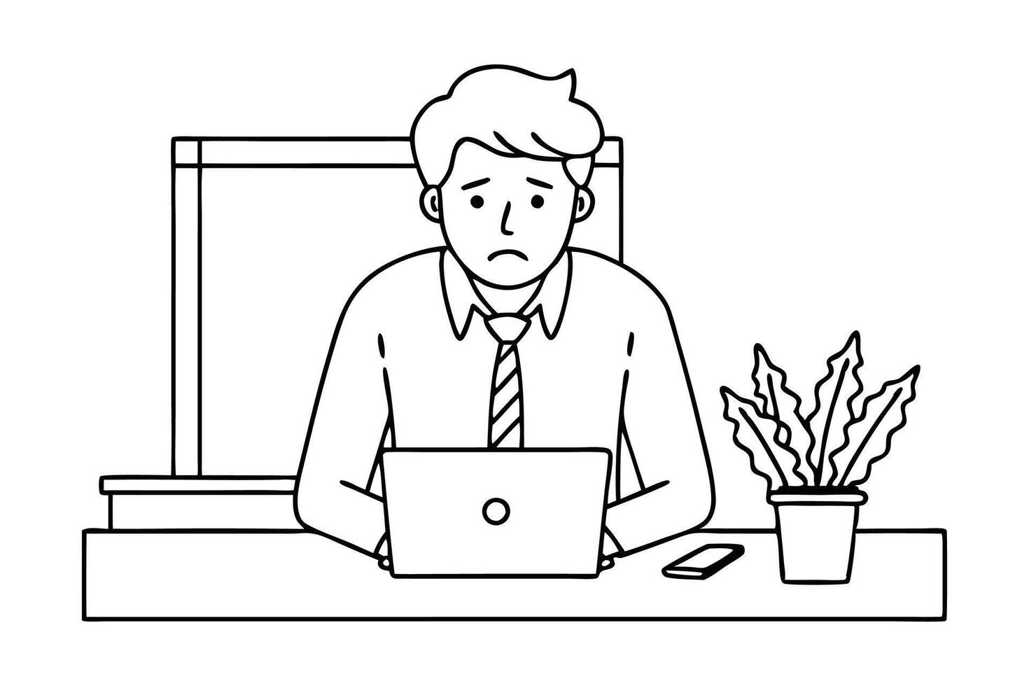 Stressed office worker sitting at desk with laptop feeling burnout Line art flat illustration vector