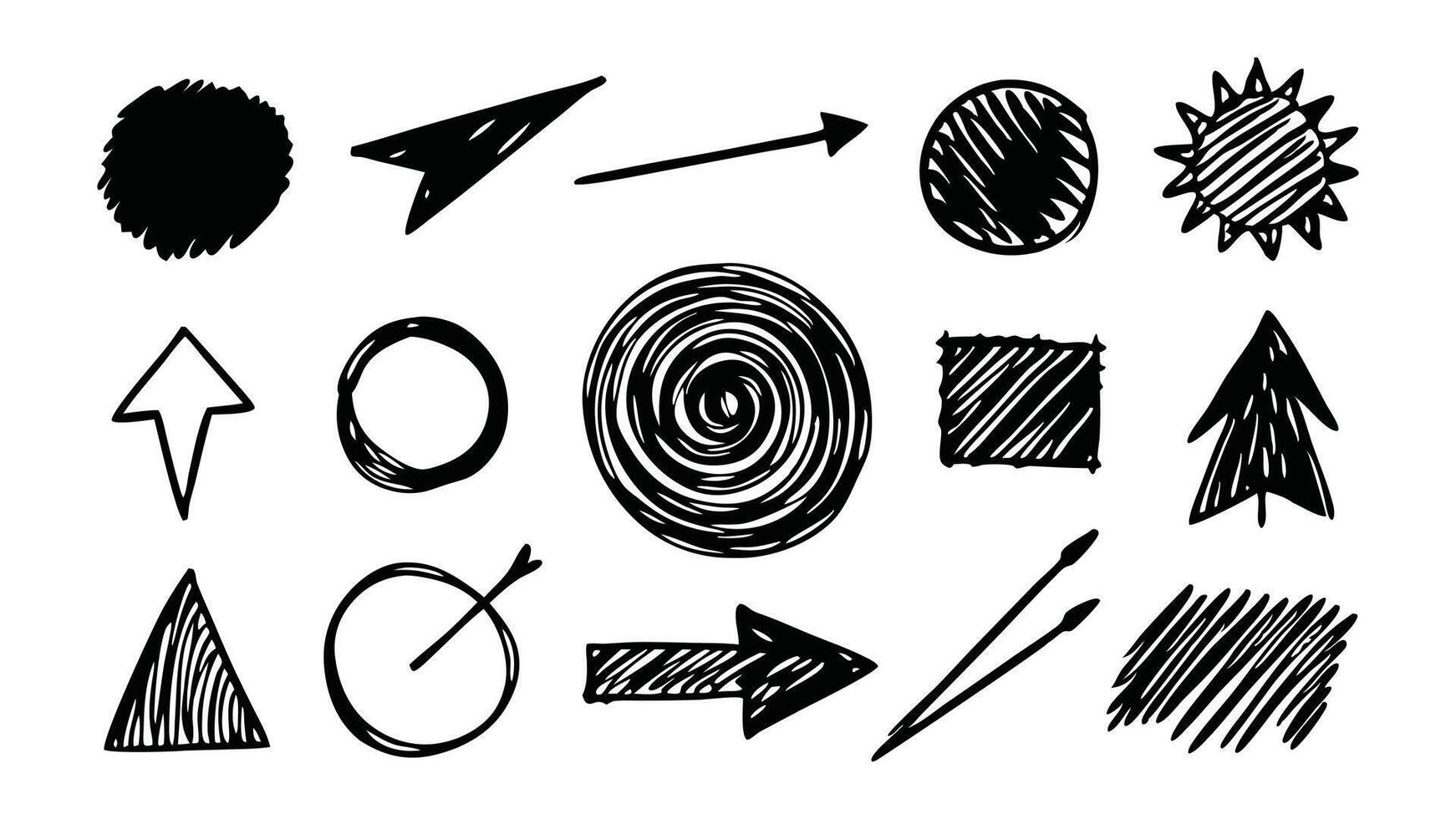 Hand drawn Charcoal hand drawn pencil arrows, scribbles and circle boxes. Doodle curved chalk darts linocut flat illustration vector