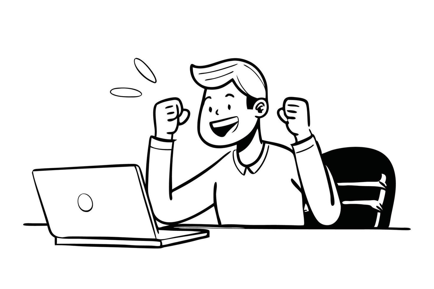 Happy young man sitting in office at table, looking at laptop screen and enjoying achievement and success, making victory gesture with hand yes, doodle line art illustration vector
