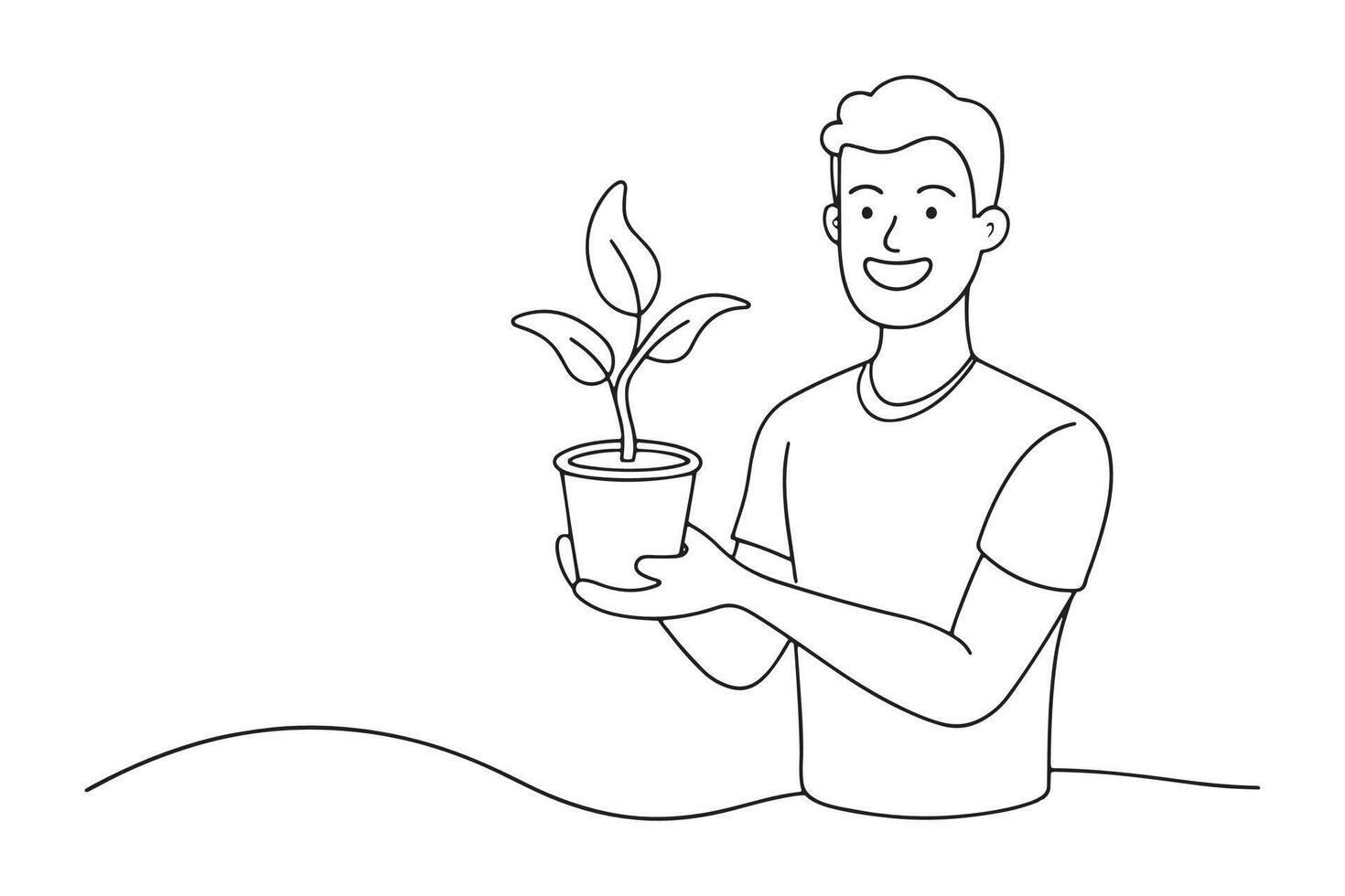 Happy young man with plant One line continuous line art illustration on white background vector