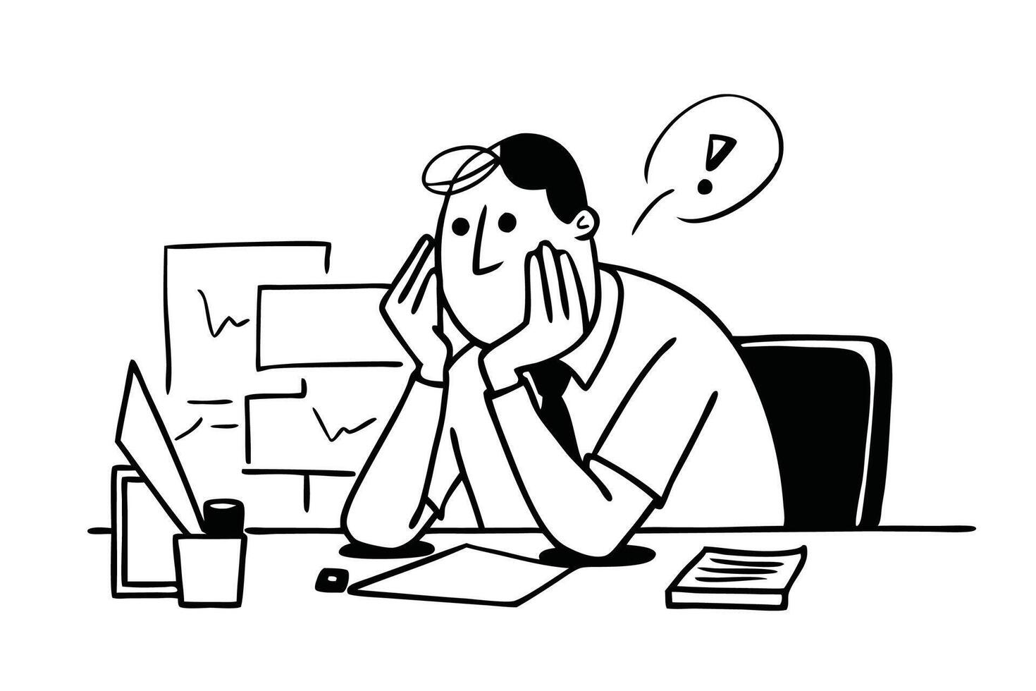 Serious thinking businessman inside office at workplace, Hand drawn doodle flat illustration. vector