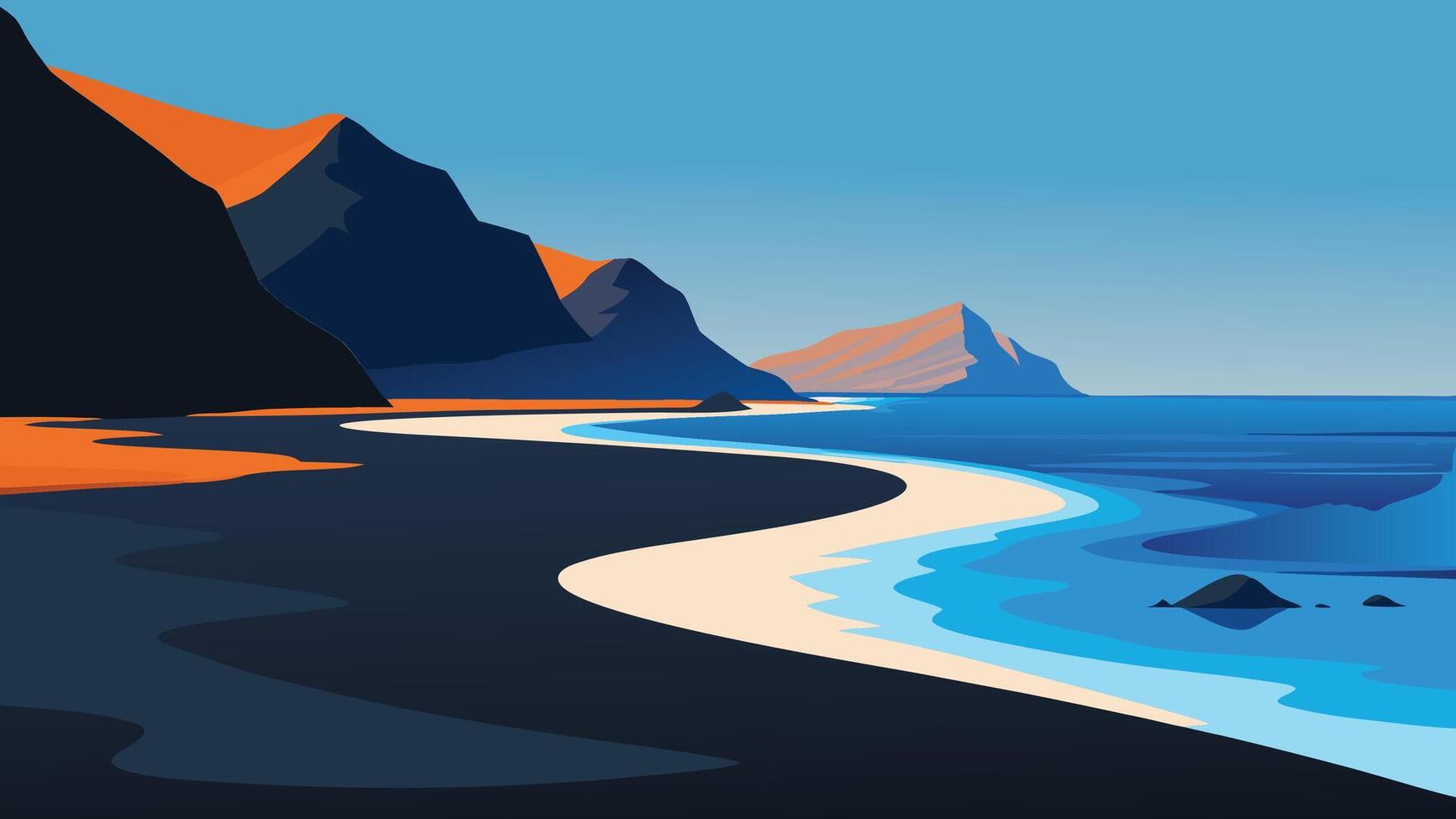 Rocky beach with striking black sand and calm water, offering a unique and beautiful natural setting illustration. vector