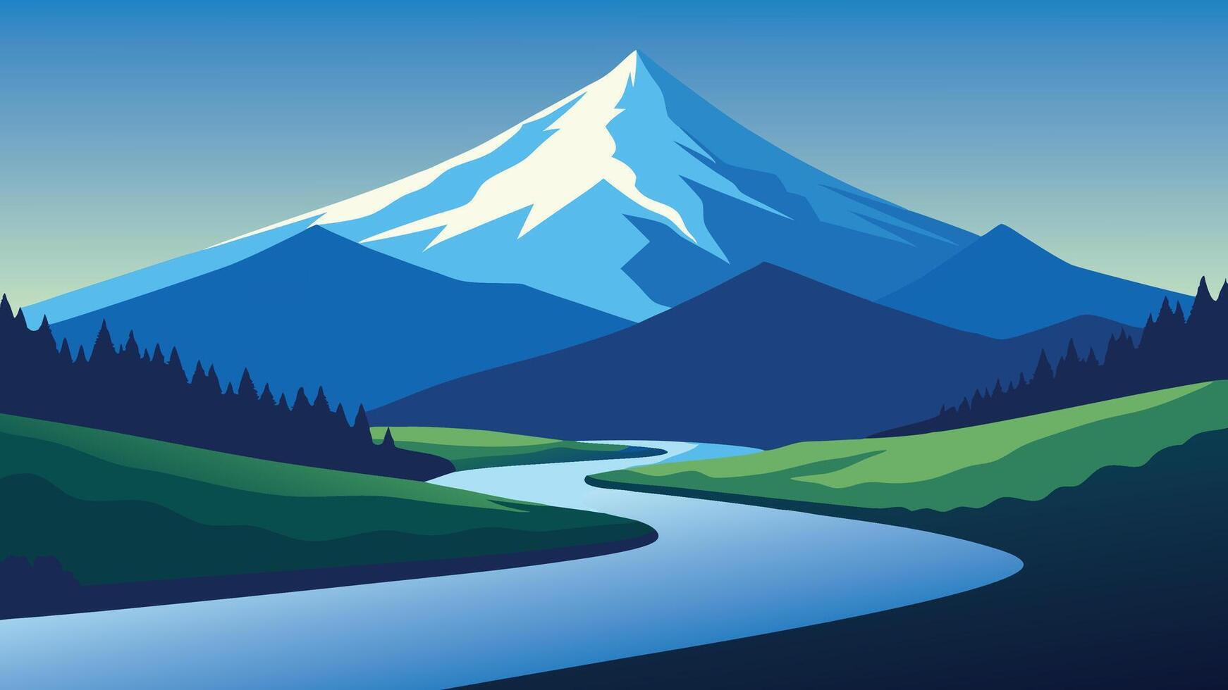 River flows through a lush field, framed by a majestic mountain in the background under a clear blue sky flat illustration vector