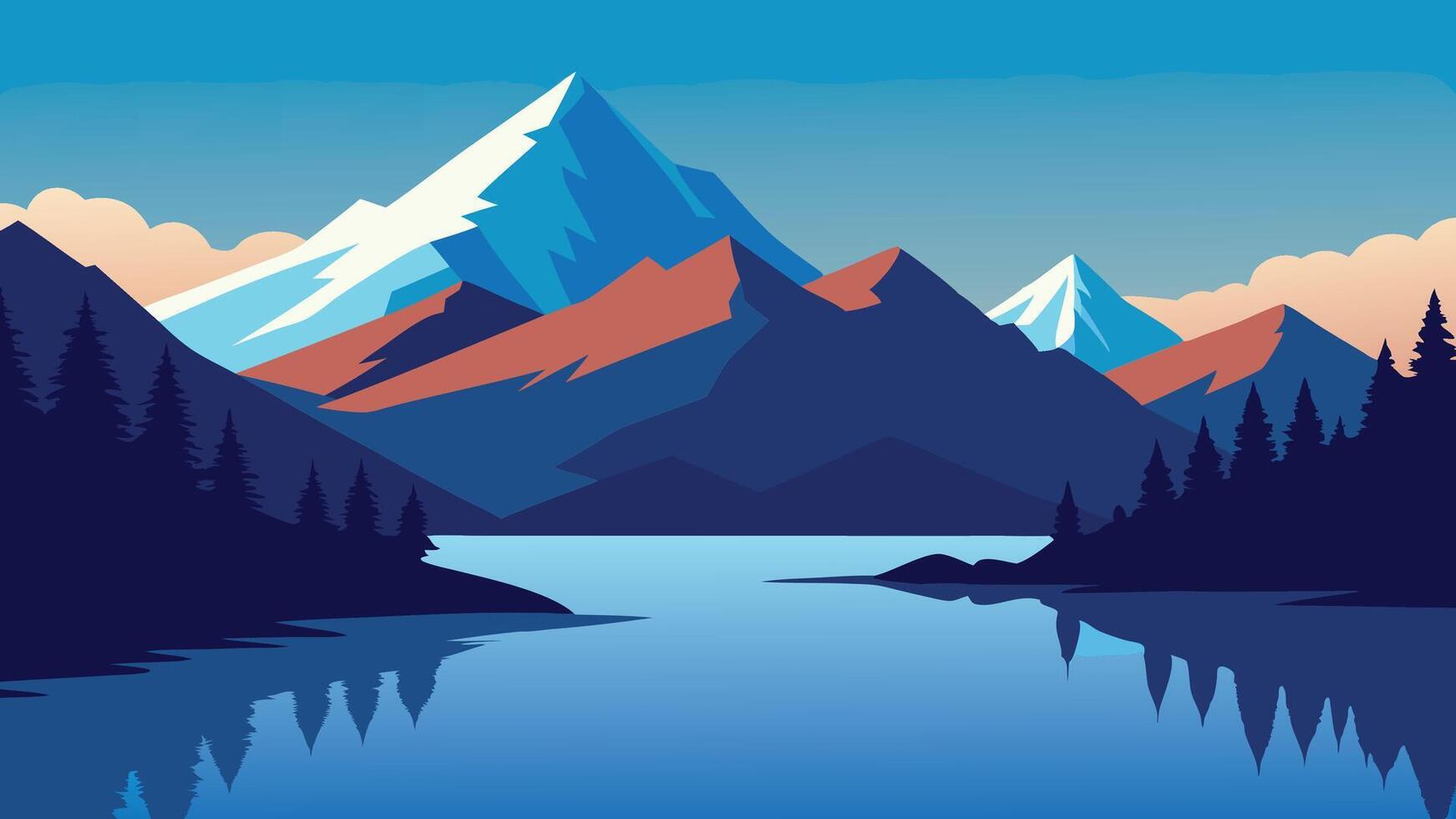 peaceful mountain lake with a stunning mountain backdrop, capturing the essence of the great outdoors in a scenic landscape flat illustration. vector