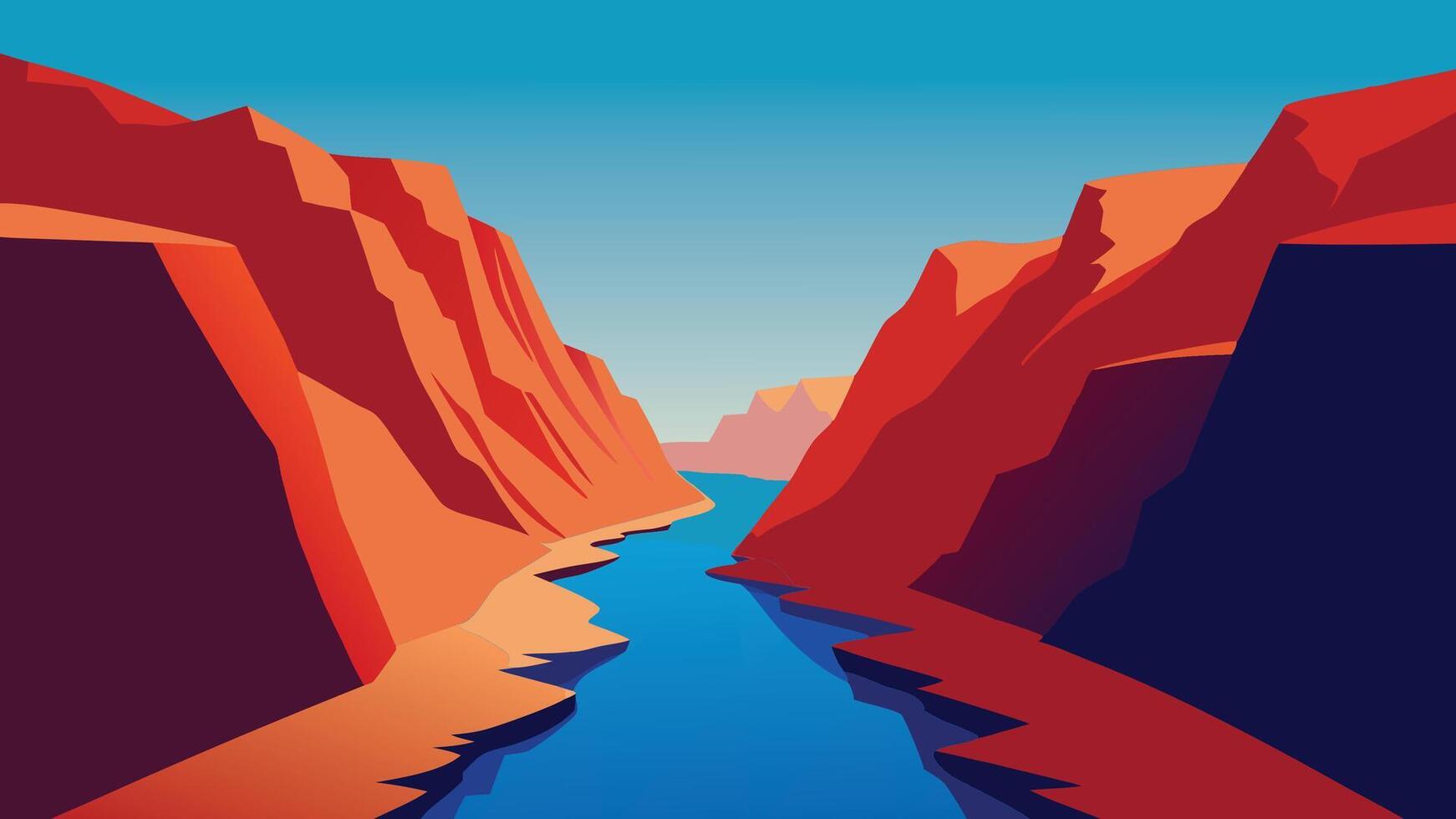 River flows through a canyon, surrounded by striking red rock formations under a clear blue sky flat illustration vector