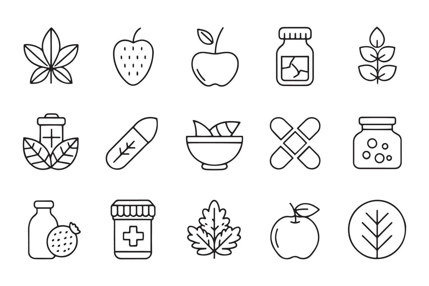 Food supplement, herbal, natural, vitamin related Minimalist Line 15 pcs icons set isolated on white background flat illustration. vector