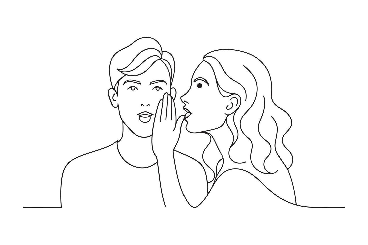 Woman whispering gossip or secret rumors to man One line continuous line art illustration on white background. vector