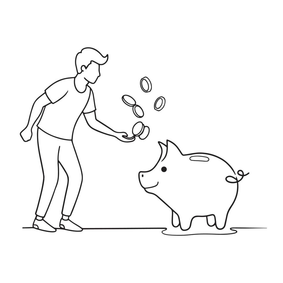 Human in hands shaking piggy bank. Fall money. Drop coins One line continuous line art illustration on white background. vector