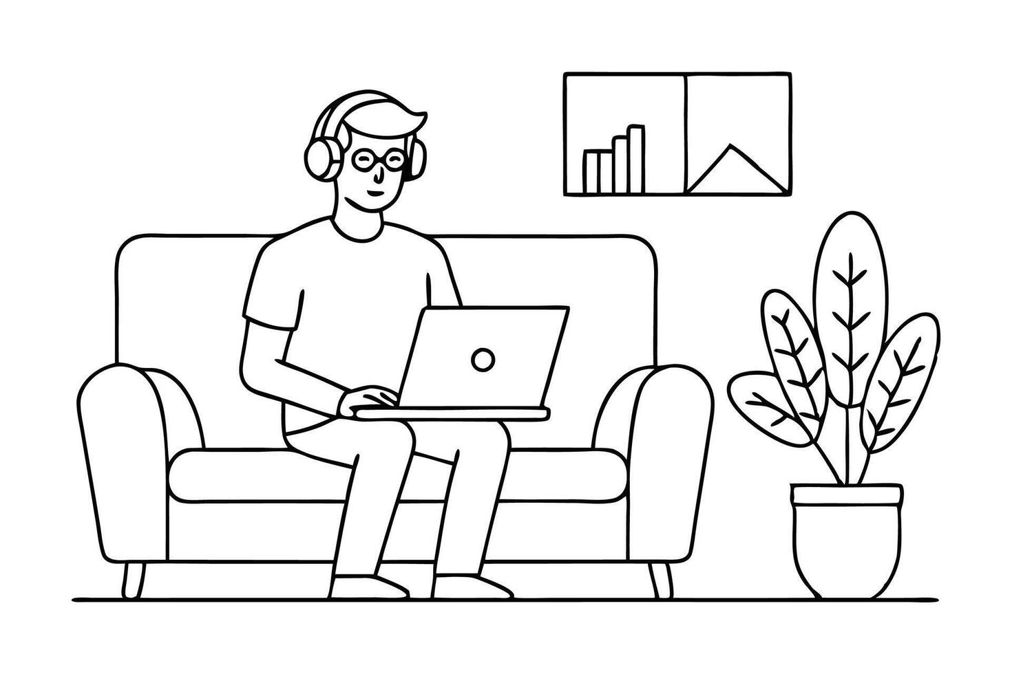 Man working remotely with headset and laptop in cozy living room line art flat illustration vector