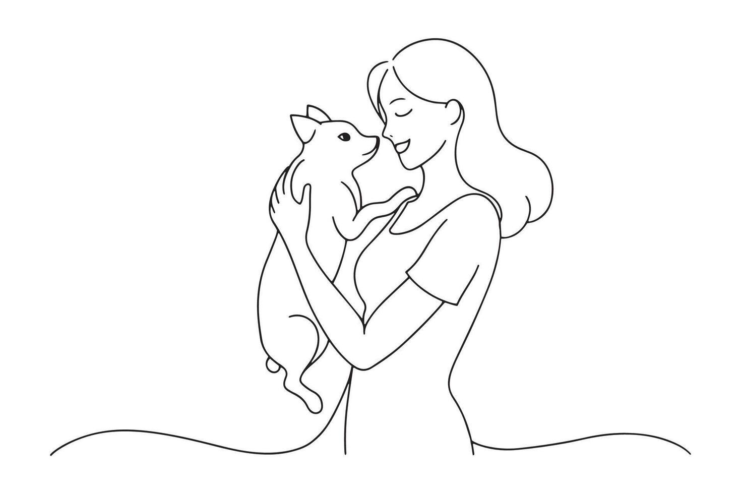 Young woman hugging and playing with a pet on their hands One line continuous line art illustration on white background. vector