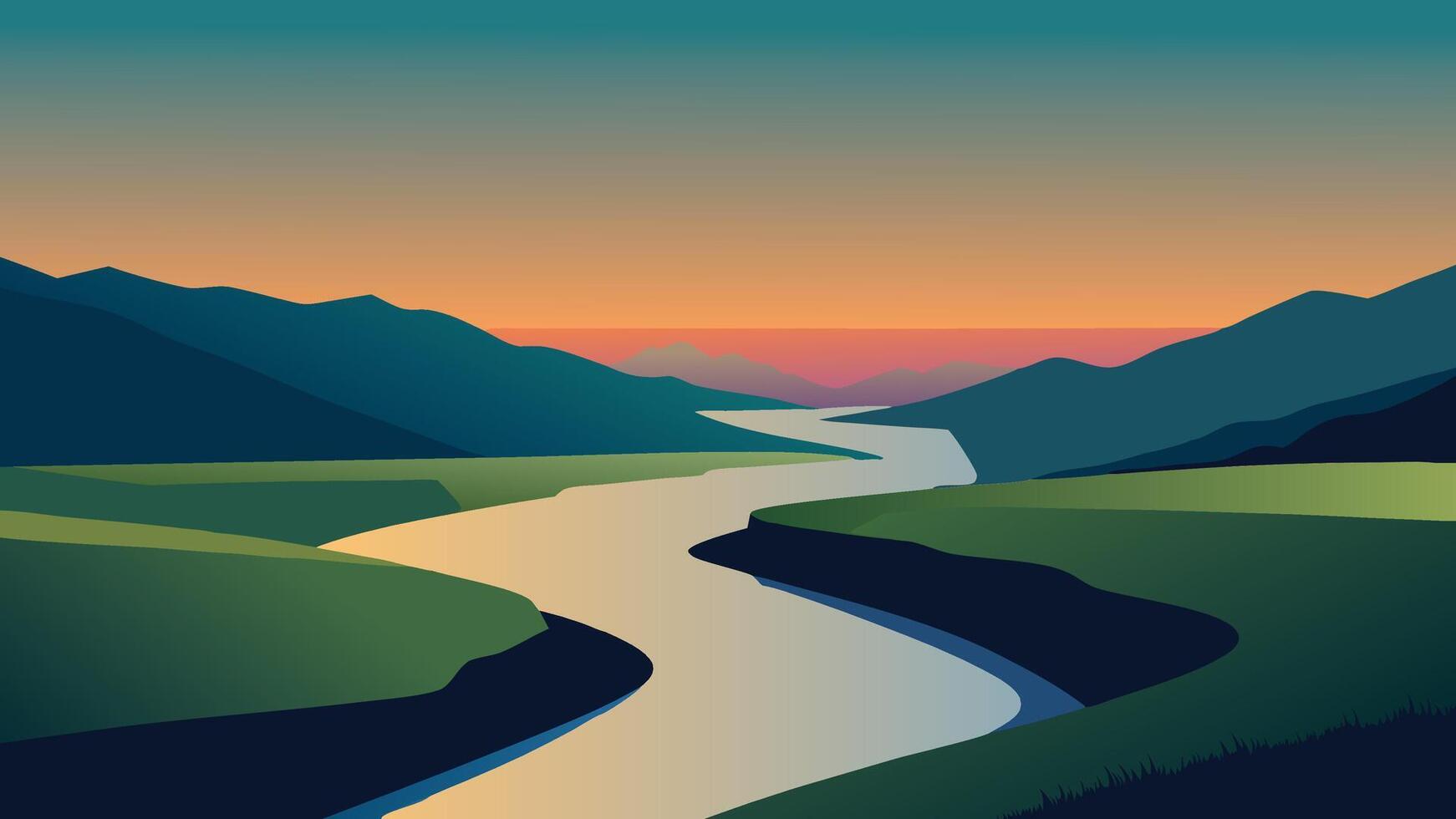 Tranquil river traverses a verdant field, with a captivating sunset casting colorful reflections on the water illustration vector