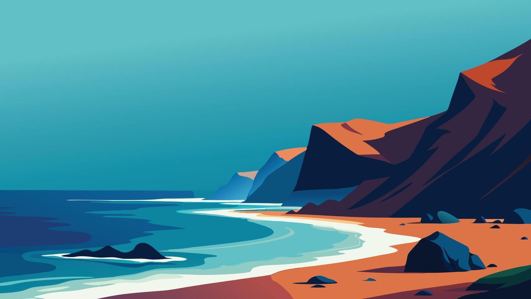 Rocky beach with waves crashing energetically against the shore, creating a dynamic coastal scene flat illustration. vector