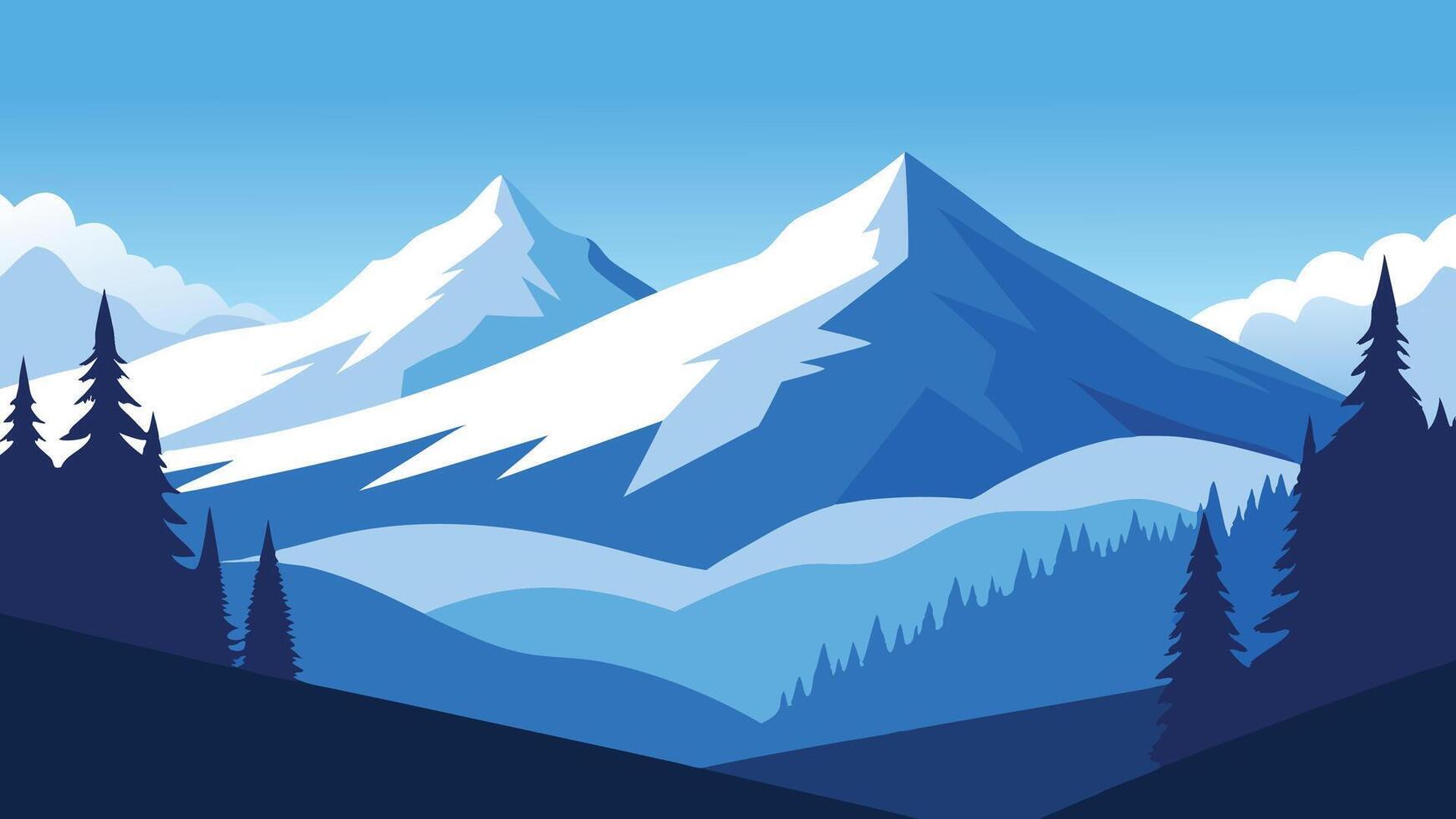 Snowy landscape featuring tall trees and majestic mountains under a clear blue sky flat illustration vector
