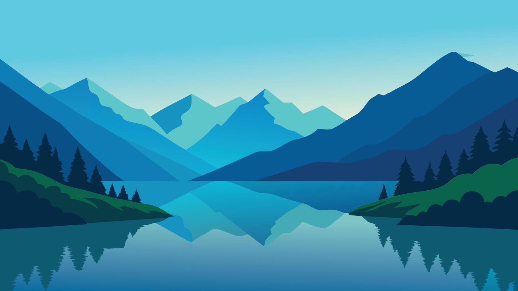 A serene lake nestled among majestic mountains, bordered by lush green grass, reflecting the beauty of nature flat illustration. vector