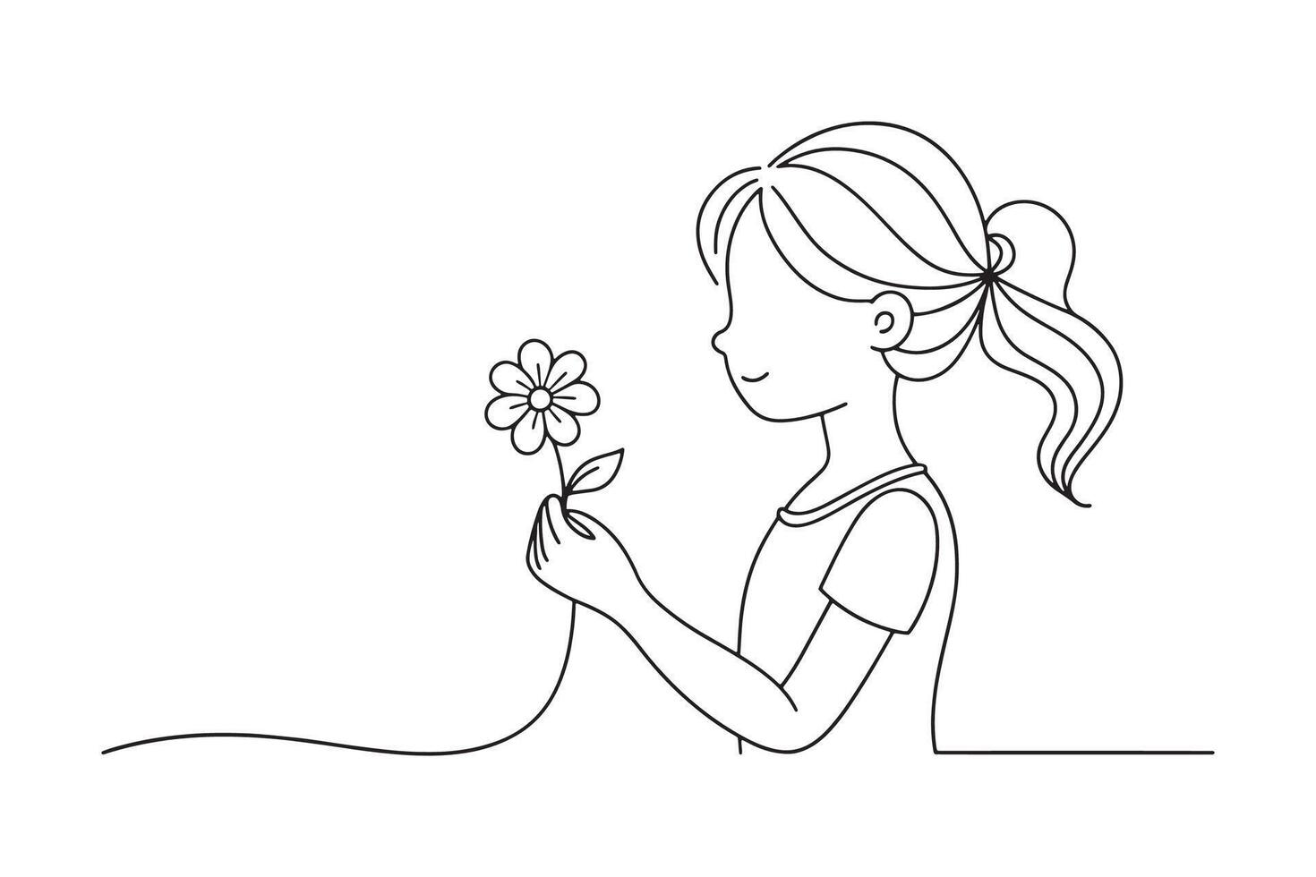 simple line drawing depicting a girl holding a flower, showcasing elegance and grace in her posture One line continuous line art illustration on white background. vector