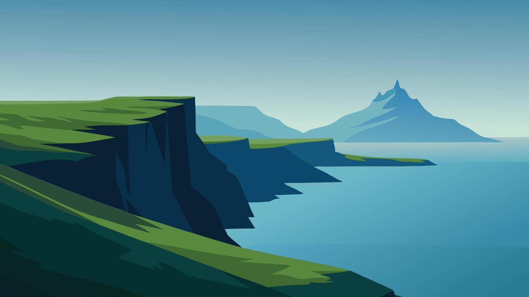 Breathtaking panorama of the Faroe Islands, highlighting steep cliffs, rich vegetation, and the calm sea in the distance flat illustration vector