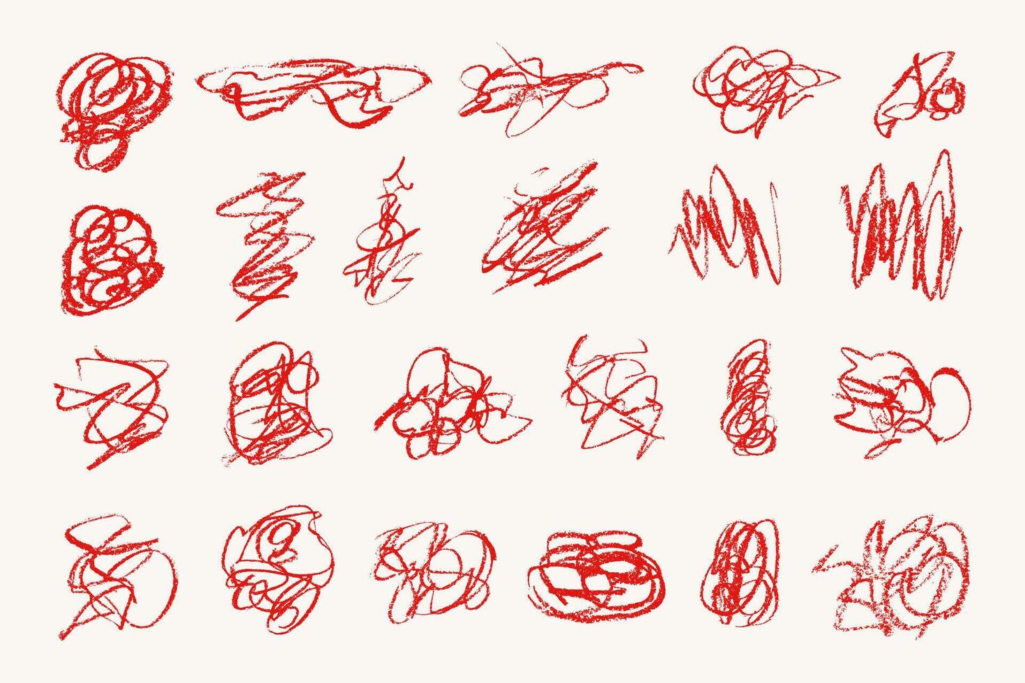 Red hand draw chaotic scribble lines collection on white background vector