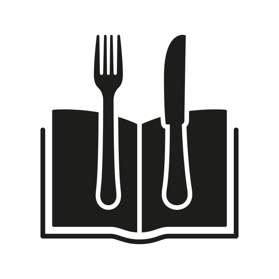 Menu Book With Fork And Knife Silhouette Icon. Cafe Dining And Food Options Concept. Recipe Book Symbol. Isolated Illustration vector