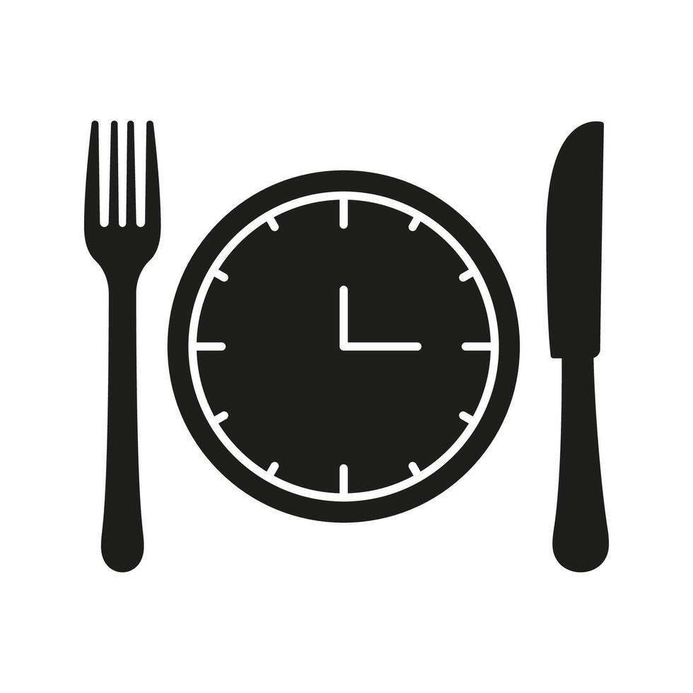 Fork And Knife With Clock Silhouette Icon, Lunch Time Concept. Restaurant, Scheduling, Culinary And Nutrition. Isolated Illustration vector