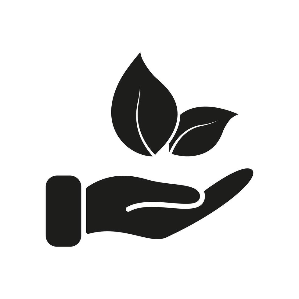 Hand With Leaves Silhouette Icon, Plant Based Diet And Natural Nutrition. Healthy Eating And Vegan Nourishment. Isolated Illustration vector