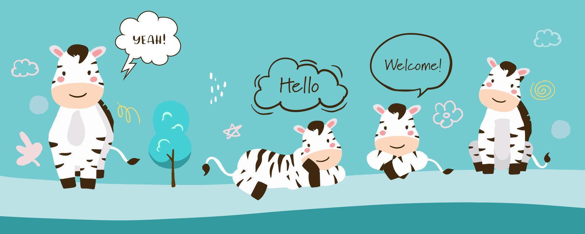 cute zebra template banner with different character vector