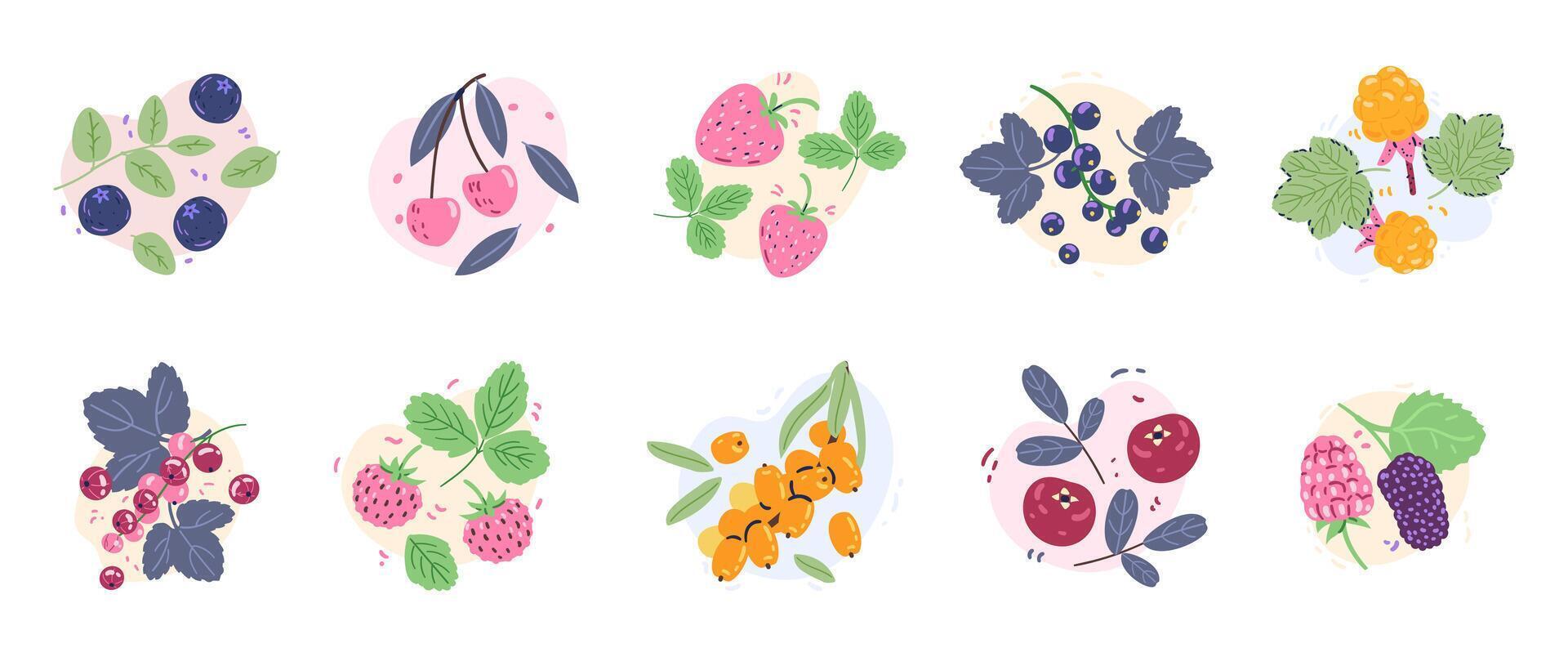 Compositions with berries and leaves set. Appetizing labels with berries. vector