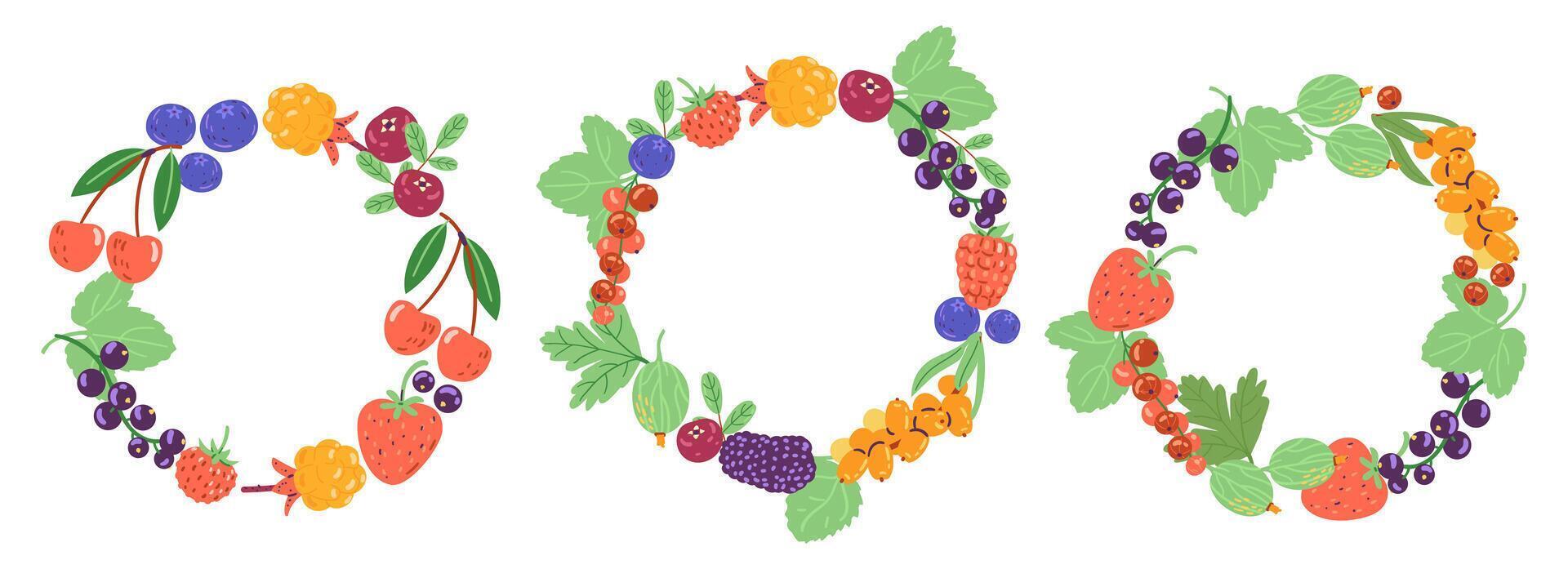 Wreaths from ripe berries illustrations set. Round borders from berries and leaves. vector