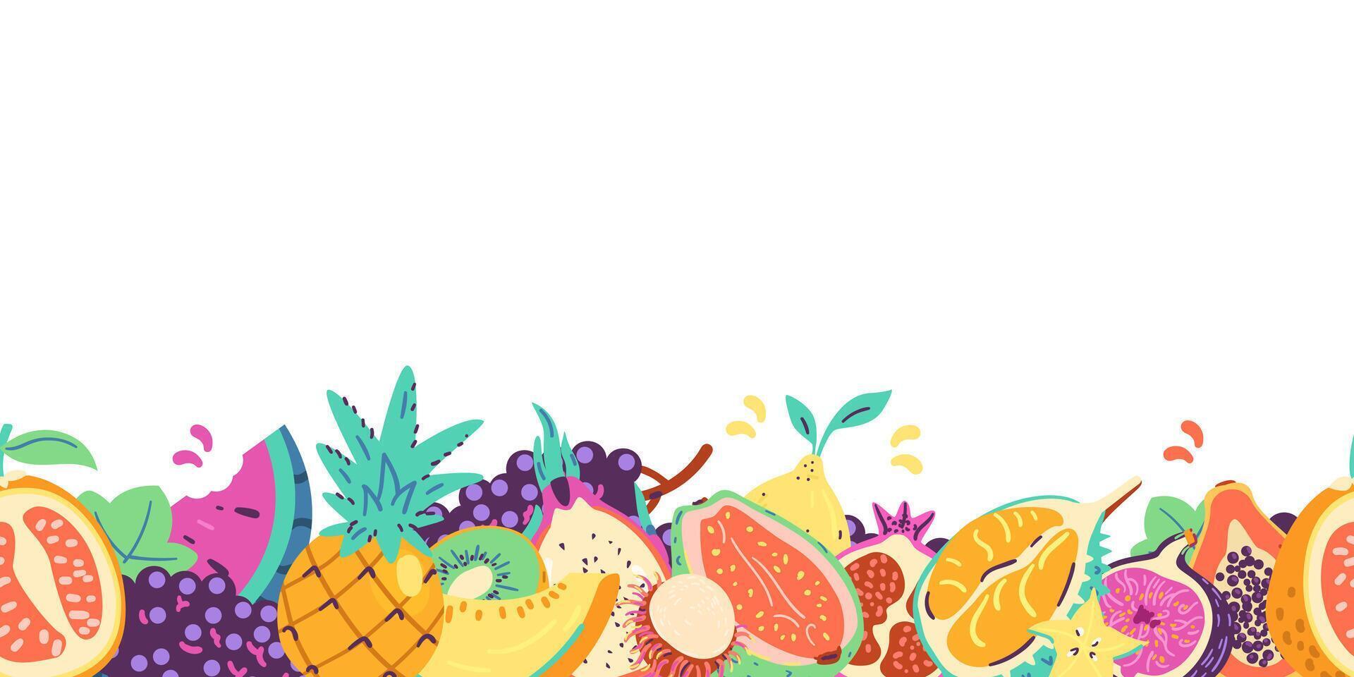 Tropical fruits horizontal seamless border illustration. vector