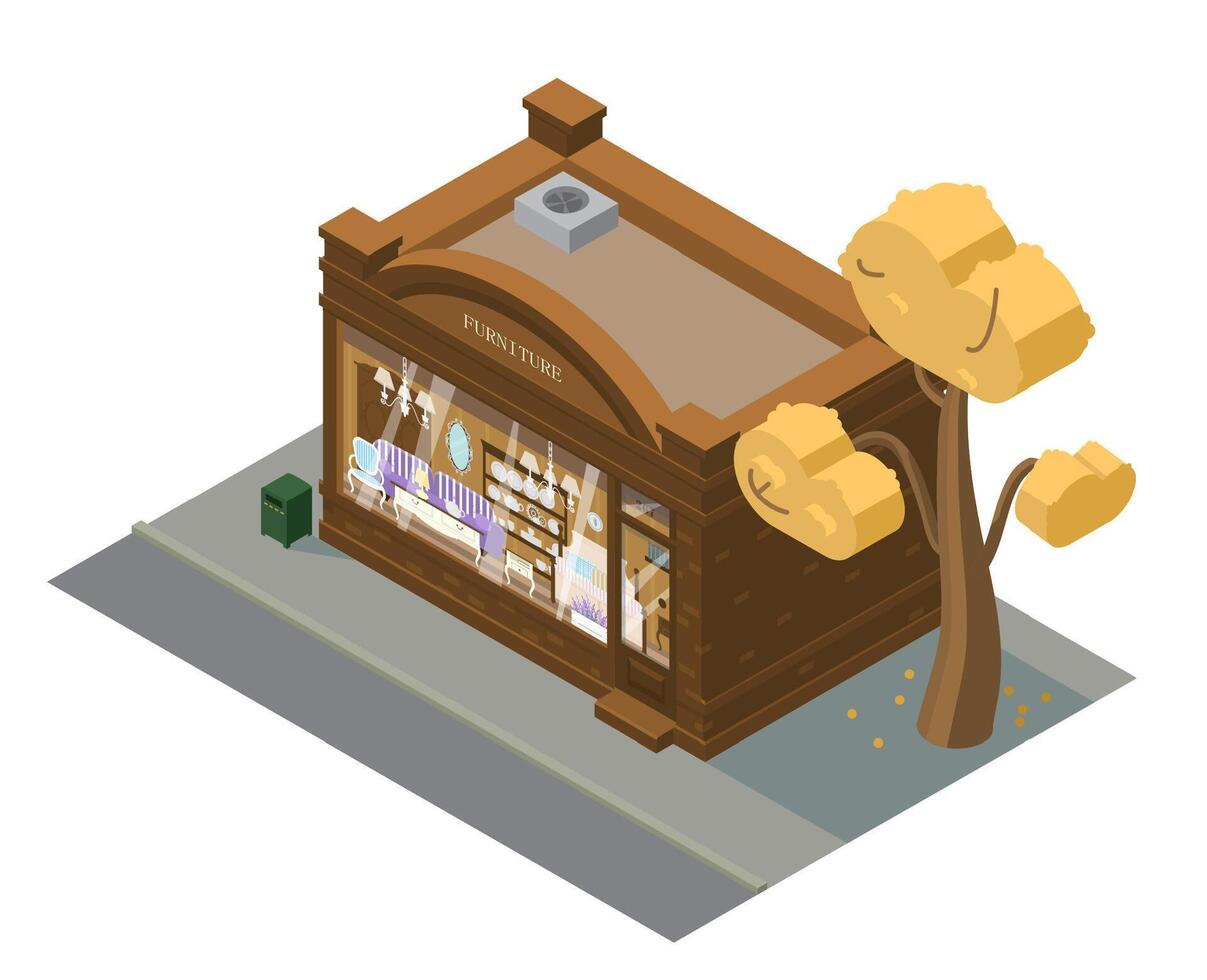 Isometric Furniture Store Building. Showcase With Furniture. vector