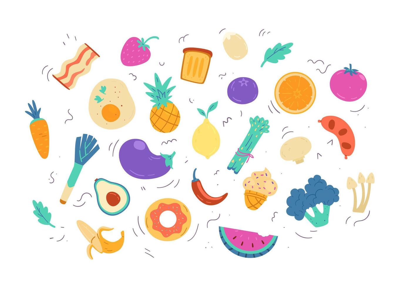 Different food, fruits ang vegetables colorful doodle illustrations. vector