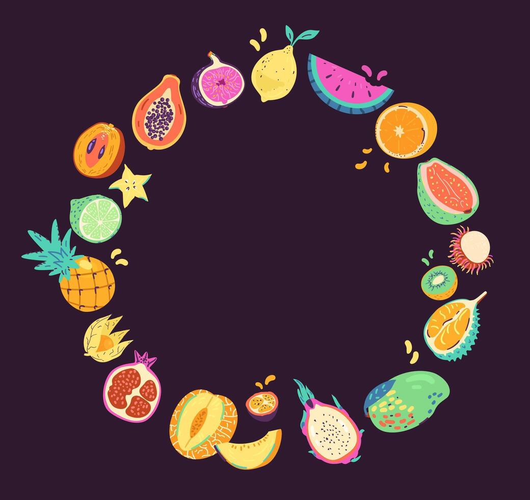 Tropical fruits round border illustration. vector