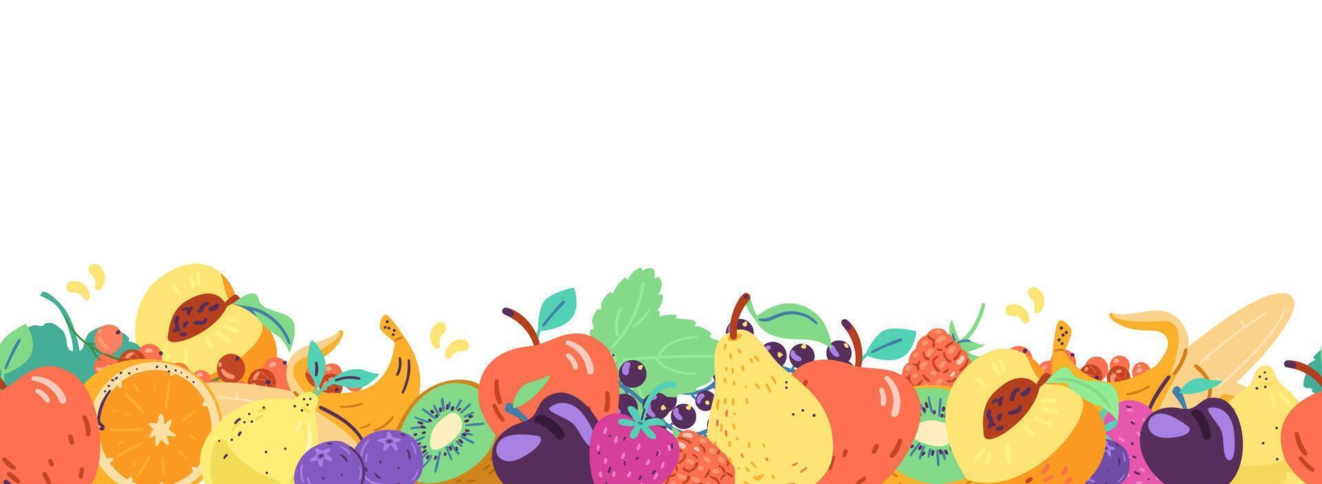Fruits and berries horizontal seamless border illustration. vector