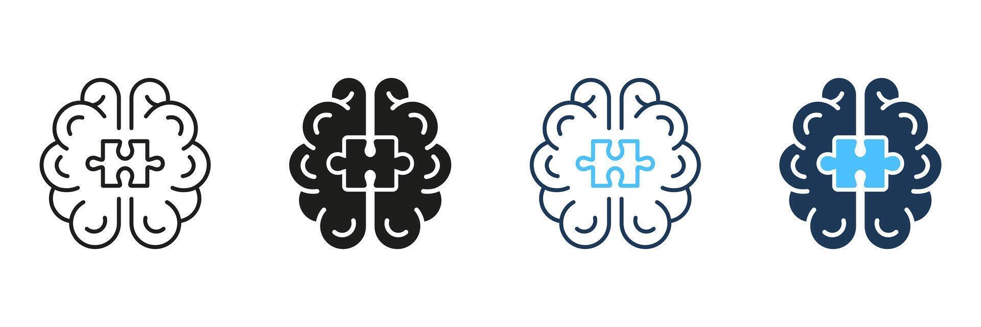 Jigsaw, Human Mind Concept Line and Silhouette Icon Set. Puzzle and Brain Symbol Collection. Editable Stroke. Isolated Illustration vector