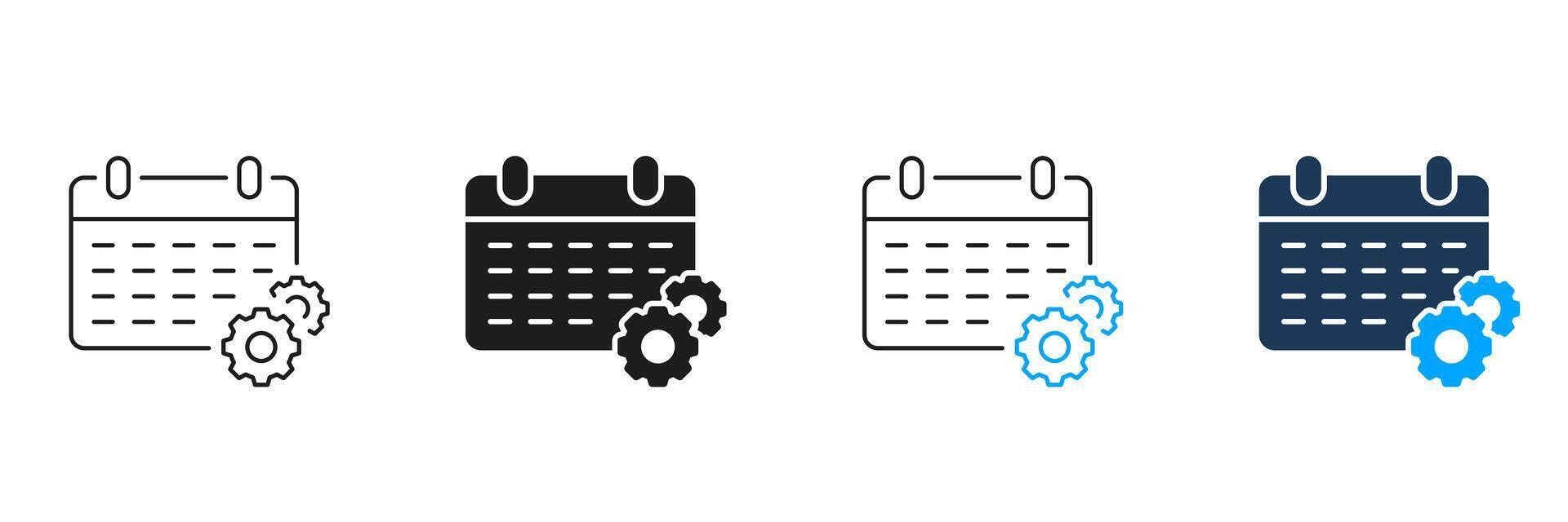 Job Appointment Sign. Time Management Line and Silhouette Icon Set. Calendar with Gear Pictogram, Schedule Concept. Work Project Deadline Symbol. Editable Stroke. Isolated Illustration vector