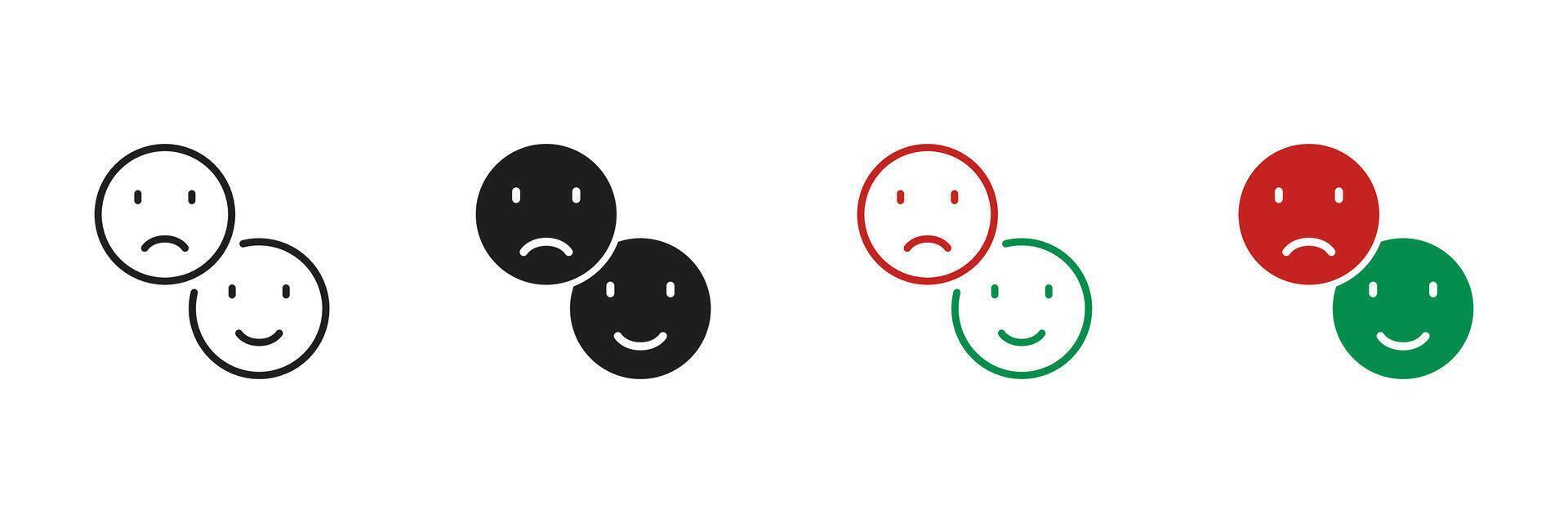 Happy Smile and Sad Face Line and Silhouette Icon Set. Negative and Positive Emoji Pictogram. Good and Unhappy Emoticon Symbol. Feedback Sign. Editable Stroke. Isolated Illustration vector