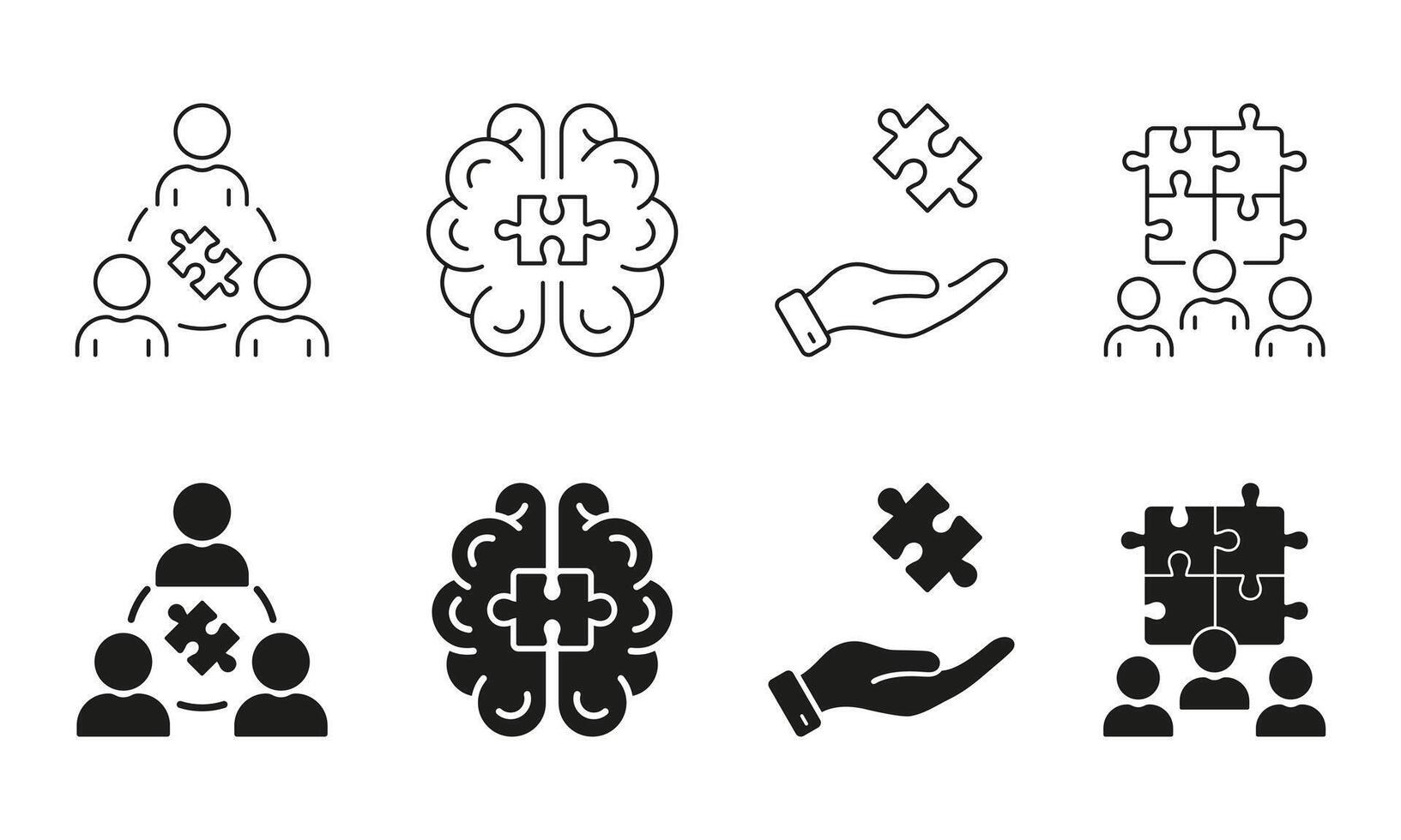 Jigsaw, Human Mind Concept Line and Silhouette Icon Set. Puzzle Jigsaw and Partnership Success. Team Building, Unity, Business Community Pictogram. Editable Stroke. Isolated Illustration vector